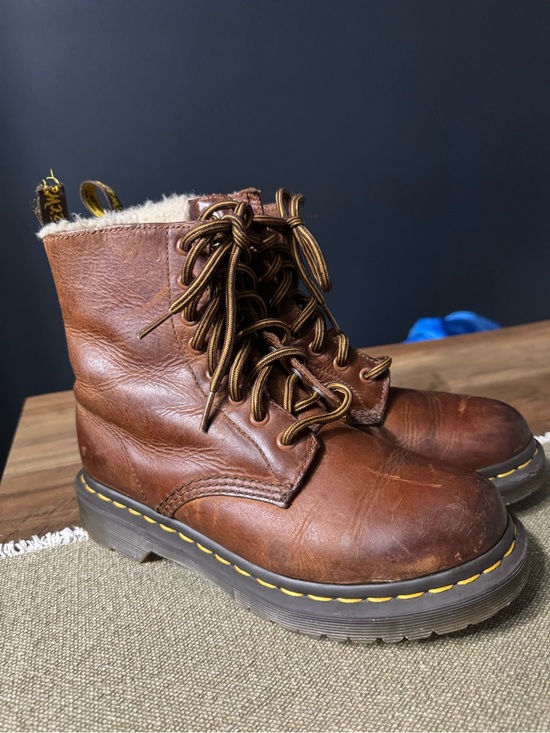 Dr. Martens Shoes - Dr. Martens Brown Leather Shearling-Lined Lace-Up Boots with Yellow Pull Tabs